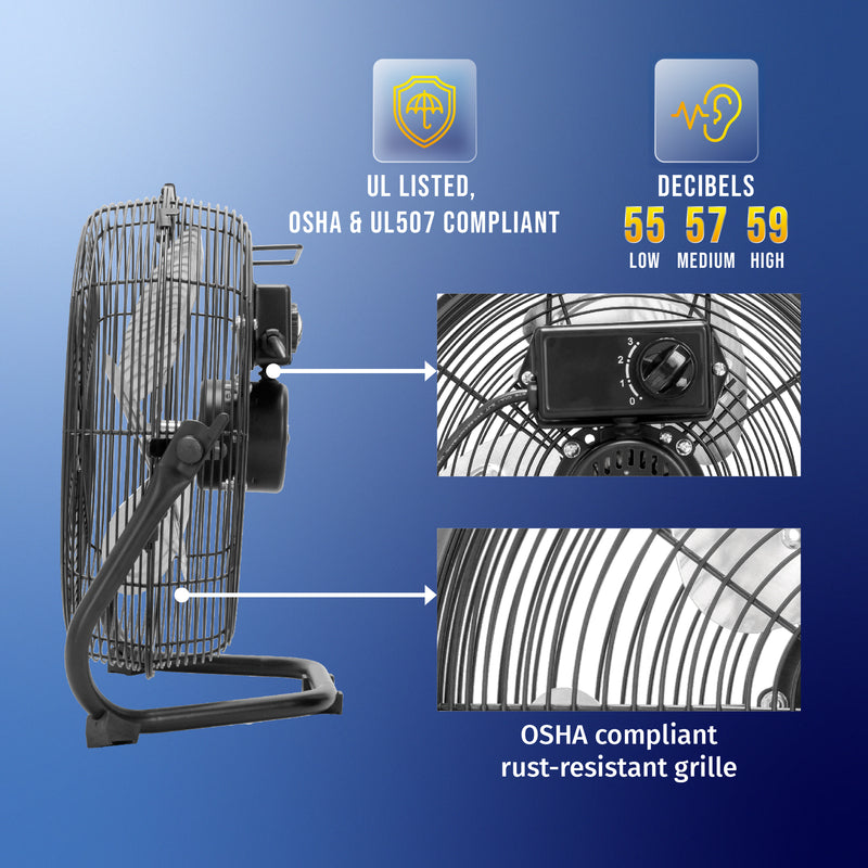 Tornado 12'' High Velocity Metal Floor Fan,3-Speed Powerful Cooling for Industrial, Commercial, and Home Spaces - 1650 CFM - UL