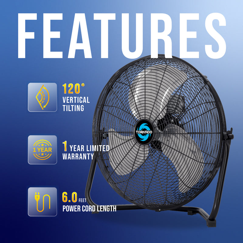 Tornado 18'' High Velocity Metal Floor Fan, 120°Tilt, 6.0 FT Cord - 4150 CFM - UL