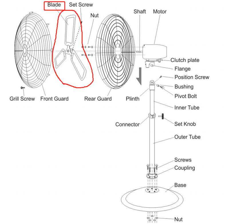 tower fan motor and blade removal diagram with set screw Phillips screws
