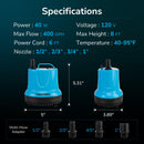 Hexago 400GPH Submersible Water Fountain Pump, 40W Small Sump Pump with 8FT High Lift, Aquarium Pumps for Outdoor Pond, Hydroponic, Statuary, Waterfall, Aquarium, Fish Tank
