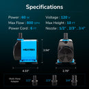 Hexago 800GPH Submersible Pump, Ultra Quiet Water Fountain Pumps with 10FT High Lift, 6FT Power Cord, 3 Nozzles, Durable Water Pump for Fish Tank, Pond Fountains, Aquarium, Statuary, Hydroponics