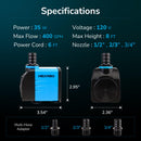 Hexago 400 GPH Submersible Pump – Ultra-Quiet Water Fountain Pump with 8FT High Lift, 6FT Power Cord, 3 Nozzles, Durable Water Pump for Aquarium, Statuary, Hydroponics, Fish Tank and Pond Fountains