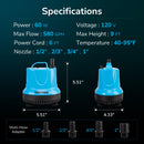 Hexago 580GPH Submersible Water Fountain Pump, 60W Small Sump Pump with 9FT High Lift, Aquarium Pumps for Outdoor Pond, Hydroponic, Statuary, Waterfall, Aquarium, Fish Tank