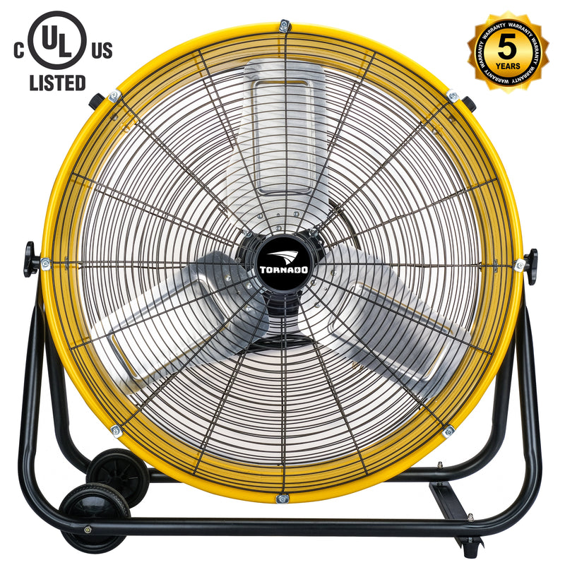 Tornado 24" High Velocity Metal Portable Tilt Blower Drum Fan - Yellow - 8540 CFM - UL