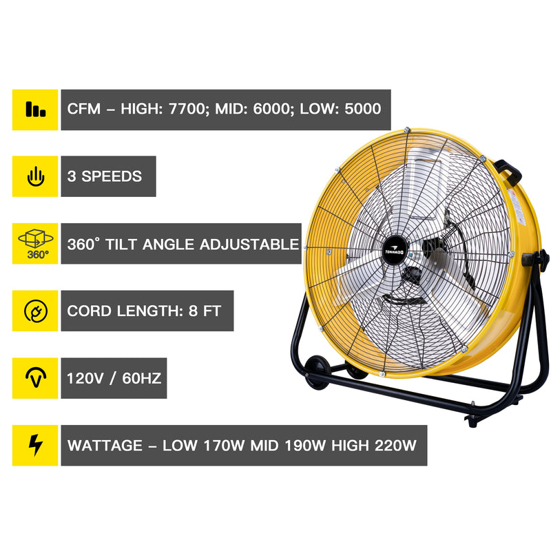 Tornado 24" High Velocity Metal Portable Tilt Blower Drum Fan - Yellow - 8540 CFM - UL