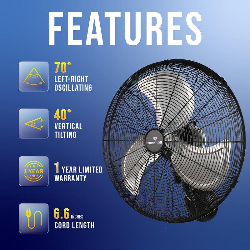 Tornado 20" Pro Series Metal Oscillating Wall Fan - 5250 CFM - UL