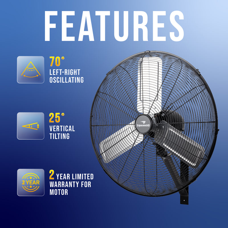 Tornado 24 Inch Pro Series High Velocity Oscillating Wall Mount Fan For Commercial, Industrial Use 3 Speed 7600 CFM 6.6 FT Cord UL Safety Listed