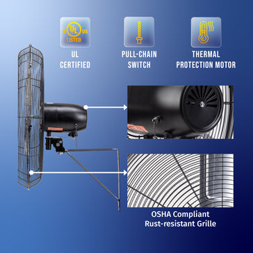 Tornado 24 Inch Pro Series High Velocity Oscillating Wall Mount Fan For Commercial, Industrial Use 3 Speed 7600 CFM 6.6 FT Cord UL Safety Listed