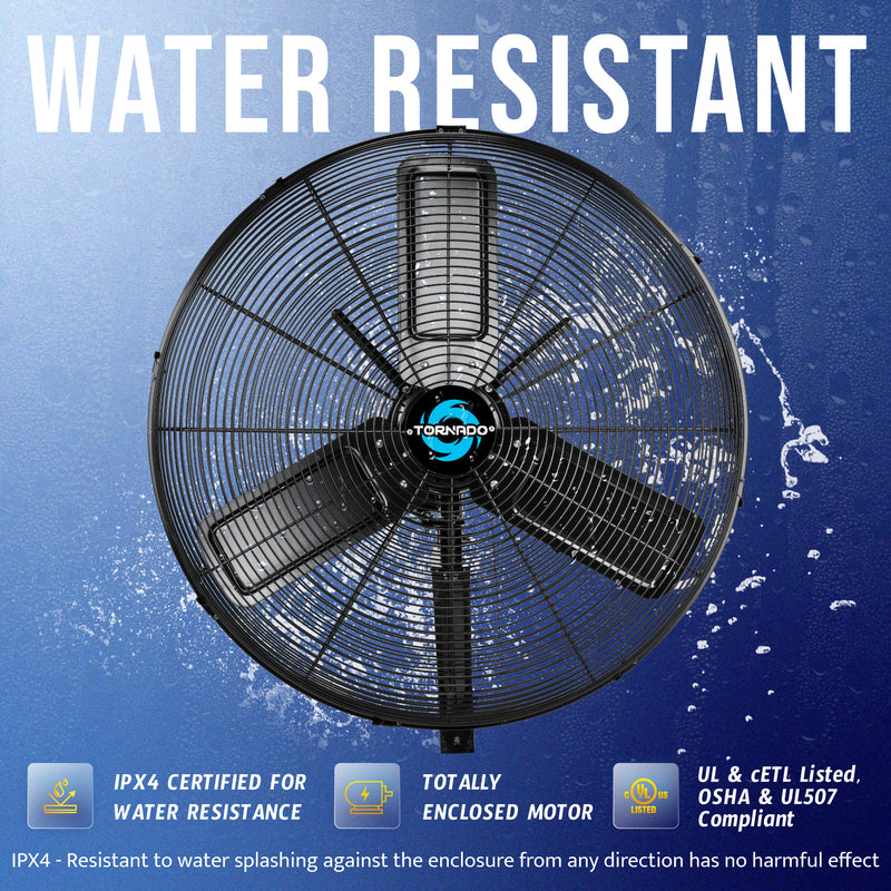 Tornado 24" Outdoor Rated IPX4 Water Resistant High Velocity Metal Oscillating Wall Fan - 7600 CFM - UL