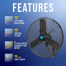 Tornado 24" Outdoor Rated IPX4 Water Resistant High Velocity Metal Oscillating Wall Fan - 7600 CFM - UL
