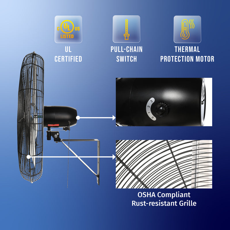 Tornado 30 Inch Pro Series High Velocity Oscillating Wall Mount Fan For Commercial, Industrial Use 3 Speed 8850 CFM 6.6 FT Cord UL Safety Listed