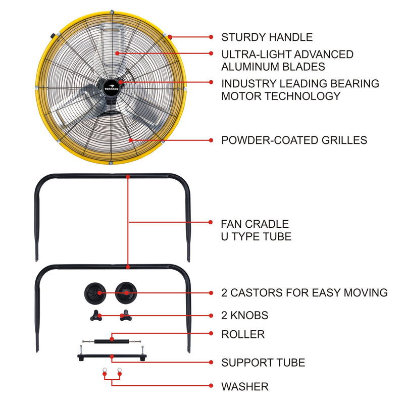 Tornado 24" High Velocity Metal Portable Tilt Blower Drum Fan - Yellow - 8540 CFM - UL